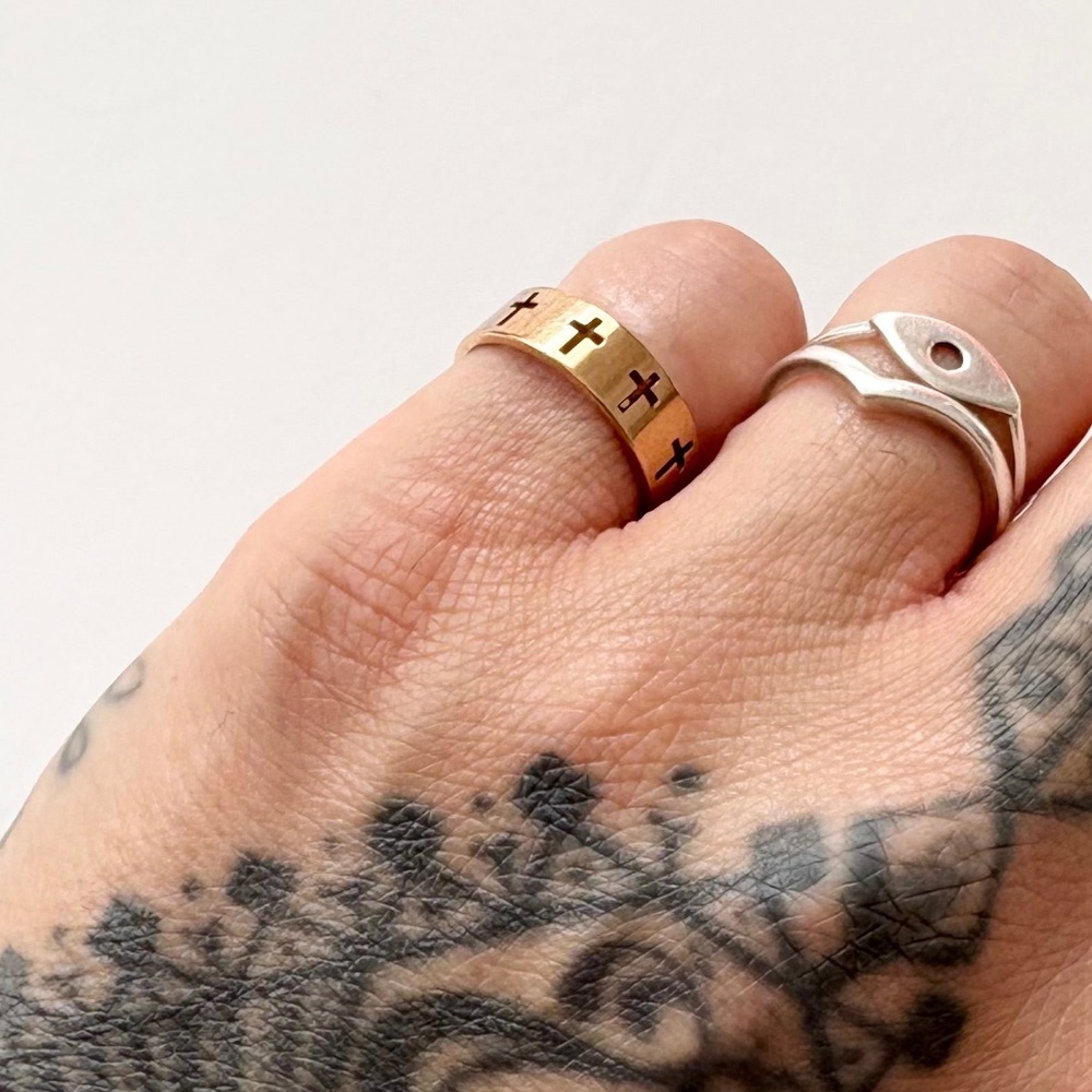 Noir NYC gold plated cross ring band